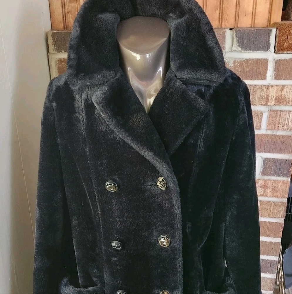 VTG 60's-70's Black Faux Fur Mob Wife Coat Double Breasted Peacoat Goth Core L